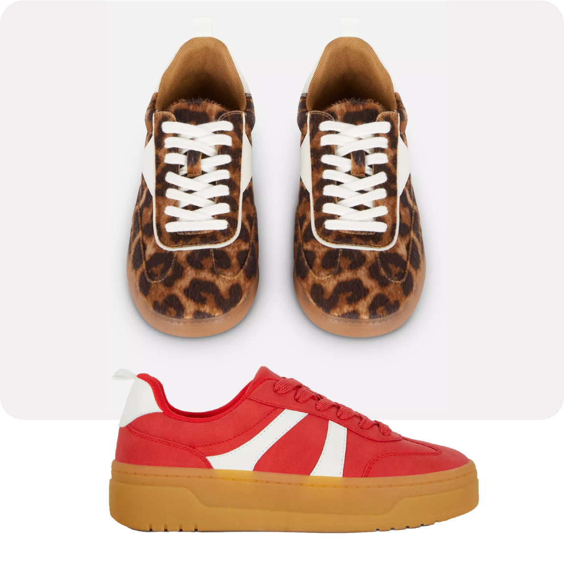 Leopard print trainers and red and white trainers