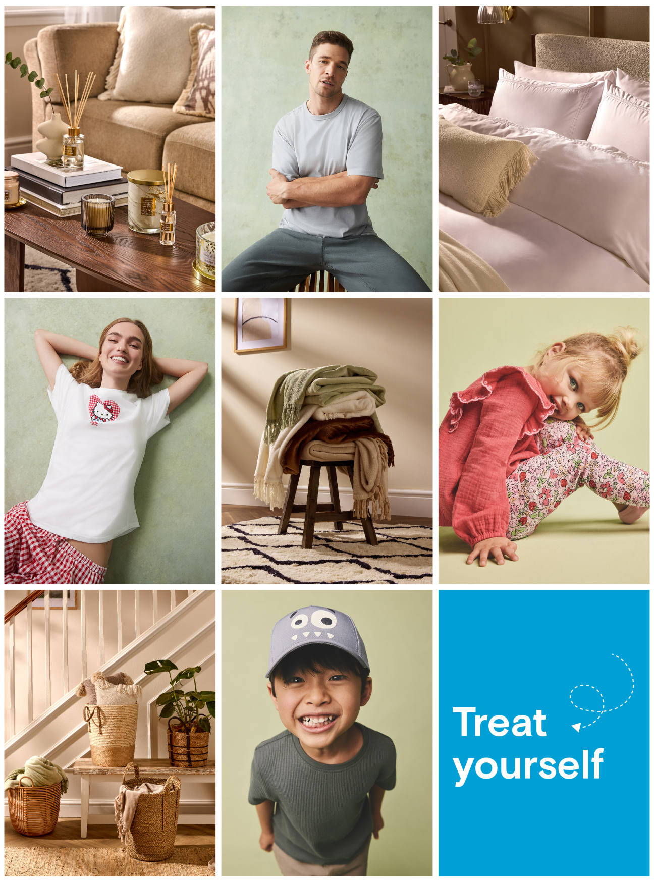 Collage of lifestyle images: cosy living room, man in grey T-shirt, soft bedding, smiling woman in white T-shirt, folded blankets, girl in red sweater, staircase with baskets and plants, boy in cartoon cap, and text 'Treat yourself' on a blue background.