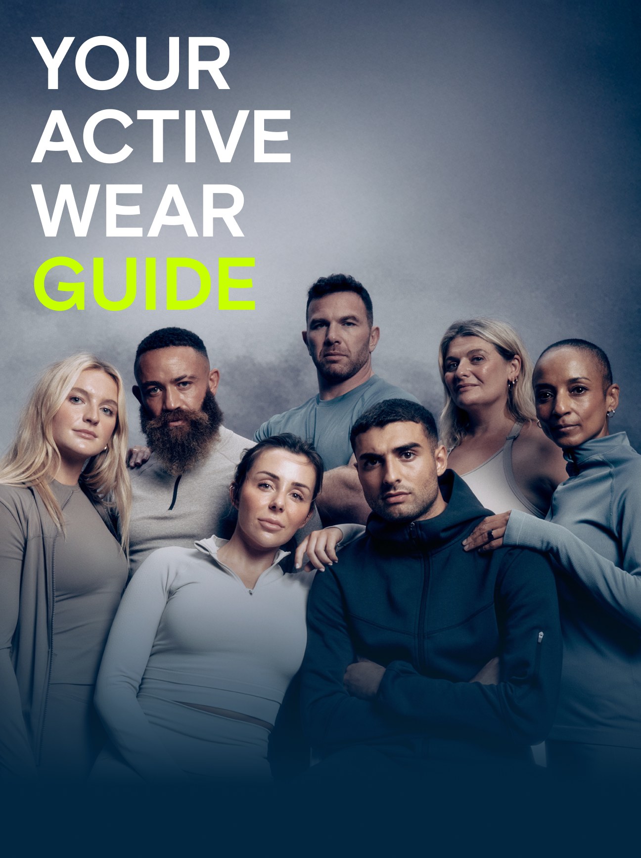 "Your Activewear Guide" Models wearing gymwear huddled together