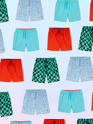 Image of red shorts, turquoise shorts and black and green checked shorts