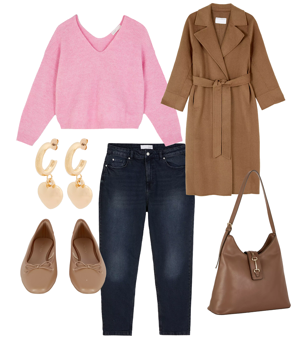 An image showing a pink jumper, indigo jeans, brown trench coat, brown bag, nude shoes and gold jewellery.