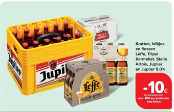 Kratten, blikjes en flessen Leffe, Tripel Karmeliet, Stella Artois, Jupiler en Jupiler 0,0%