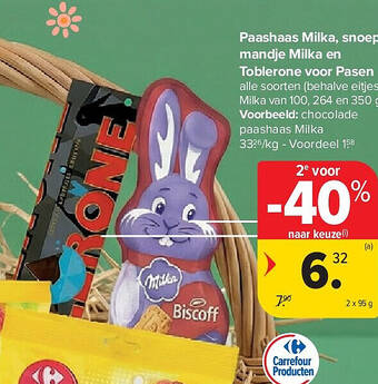 Paashaas Milka, snoep, mandje Milka en Toblerone voor Pasen