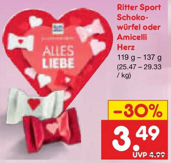 Ritter Sport Schokowürfel oder Amicelli Herz