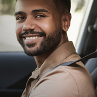 Senhor sorridente no seu automóvel.