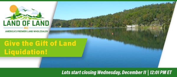 Give the Gift of Land Liquidation! Lots start closing Wednesday, December 11, 2024  |  12:01 PM Eastern