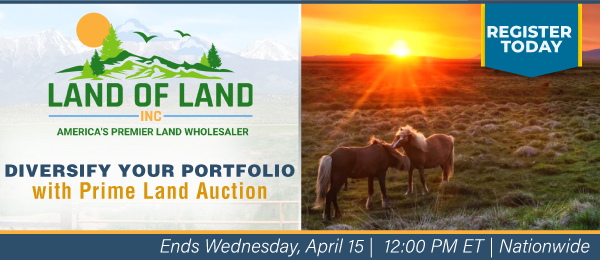 Diversify Your Portfolio with Prime Land Auction! Lots start closing Wednesday, April 15, 2026  |  12:01 PM Eastern