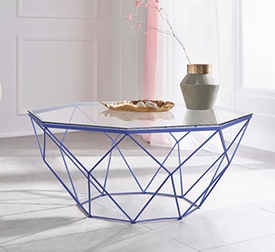 polygonaler Couchtisch aus Glas und Metall in geometrischen Formen, blau