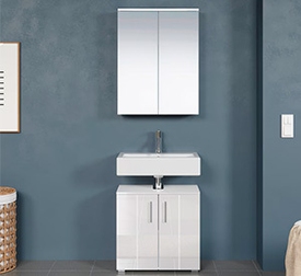 Waschtisch & Spiegelschrank - Weiß Hochglanz mit vertikalen Fräsungen