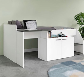 Hochbett mit Schreibtisch und Kommode in weiß mit grauen Elementen