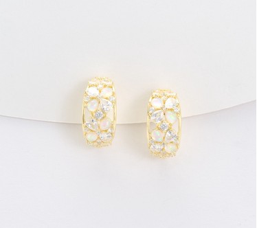 Diamonique Huggie Hoop Earrings with Simulated Opal, Sterling Silver