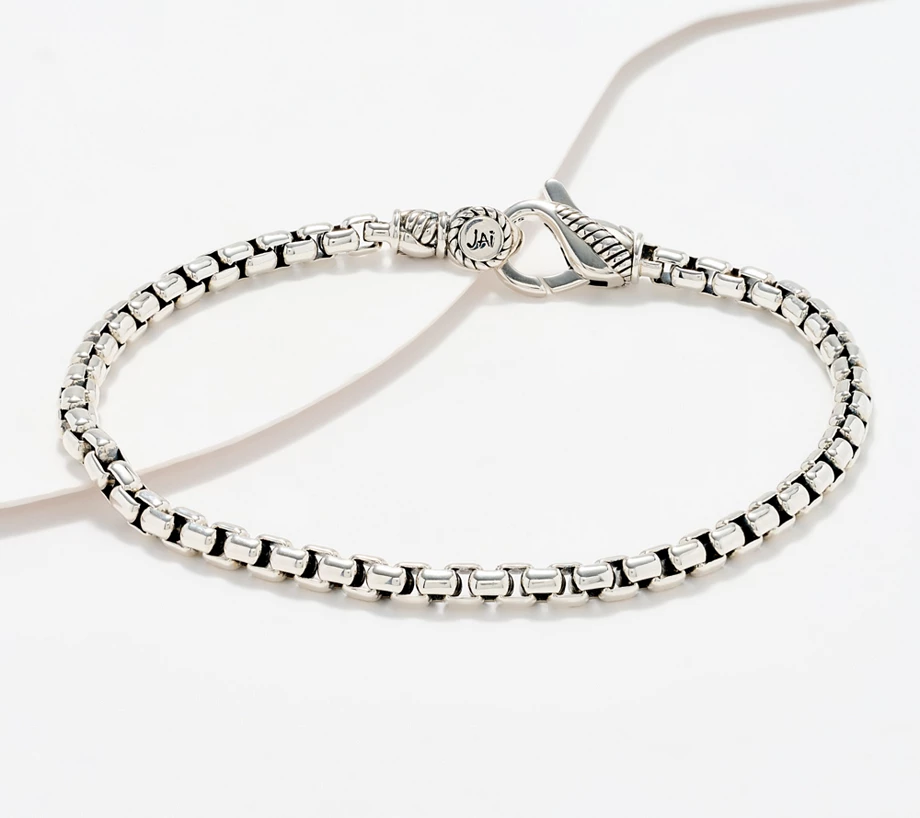JAI Sterling Silver 3.7mm Box Chain Bracelet, 10.2g