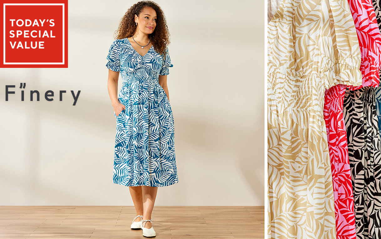 Finery London Conctrast Palm Printed Viscose Slub Dress