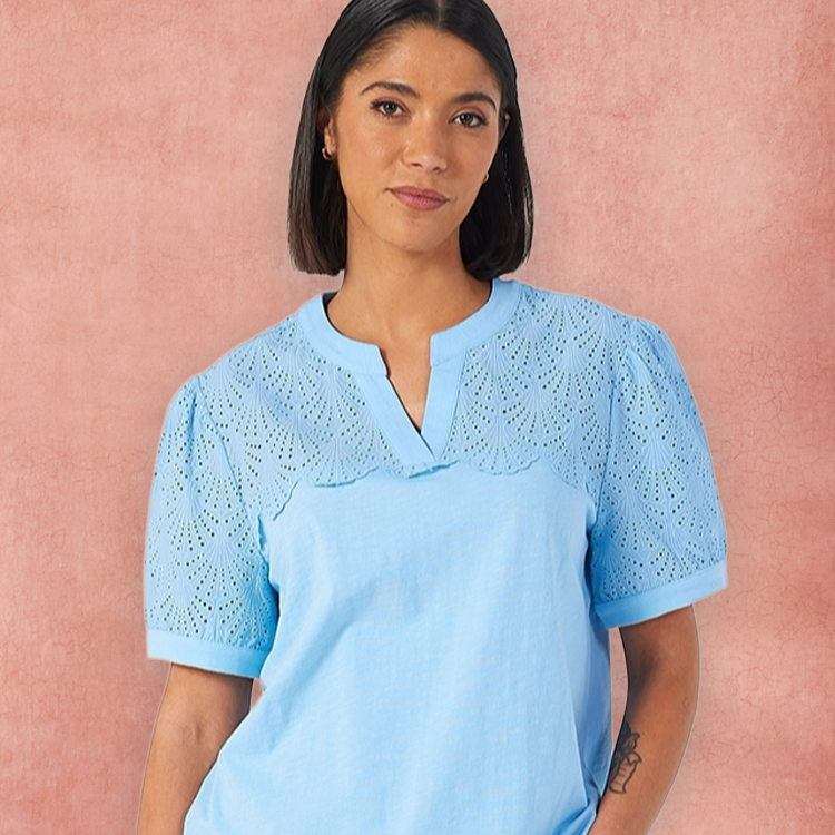 Denim & Co. Broderie Detail Short Sleeve Blouse  