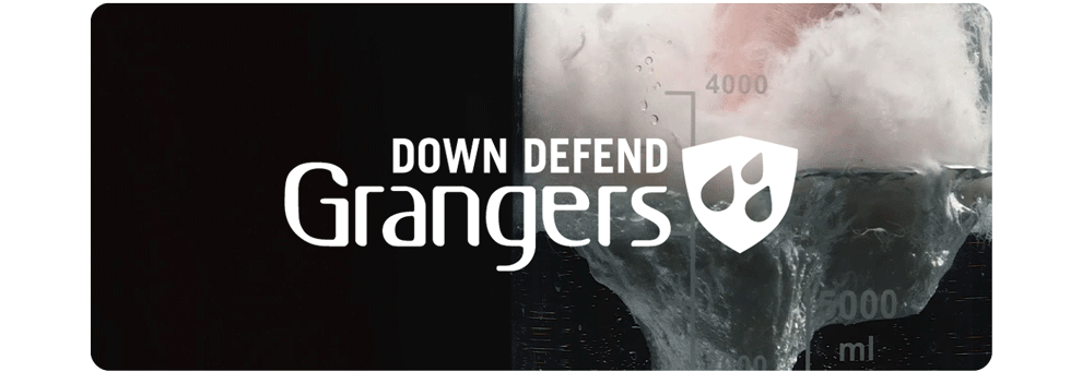Gif of hydrophobic down being submerged into water. Grangers Down Defend logo overlaid.