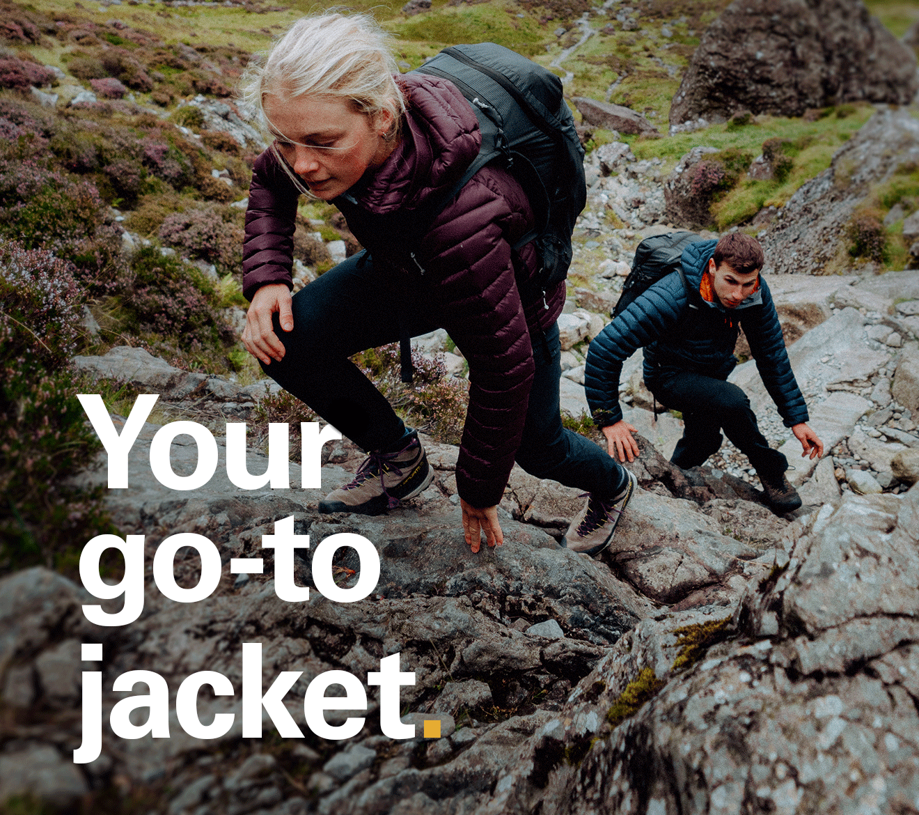 Your go-to jacket. Two people scrambling in winter wearing Microlight jackets