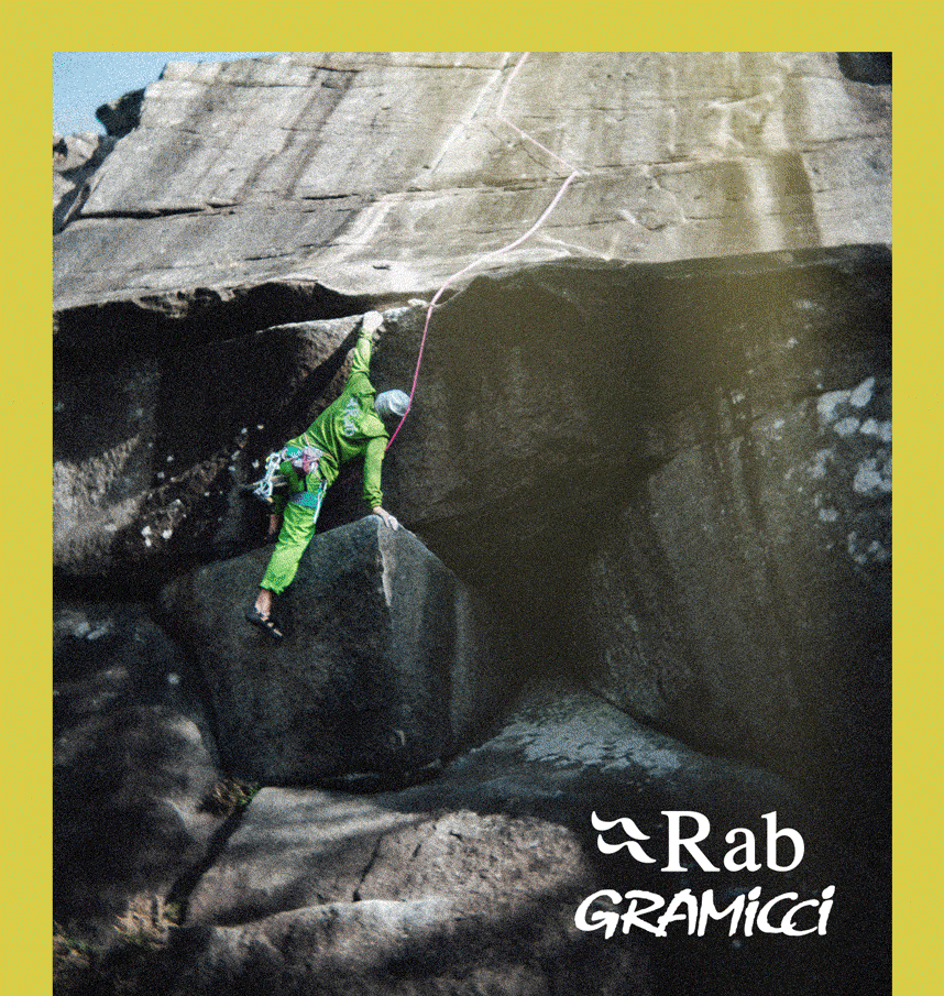 A carousel of climbers wearing Rab & Gramicci gear whilst out on the crag in the Peak district UK