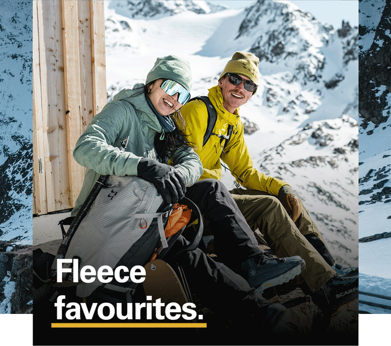 Slideshow of a man and woman at base camp within the snowy mountains - Fleece Favourites