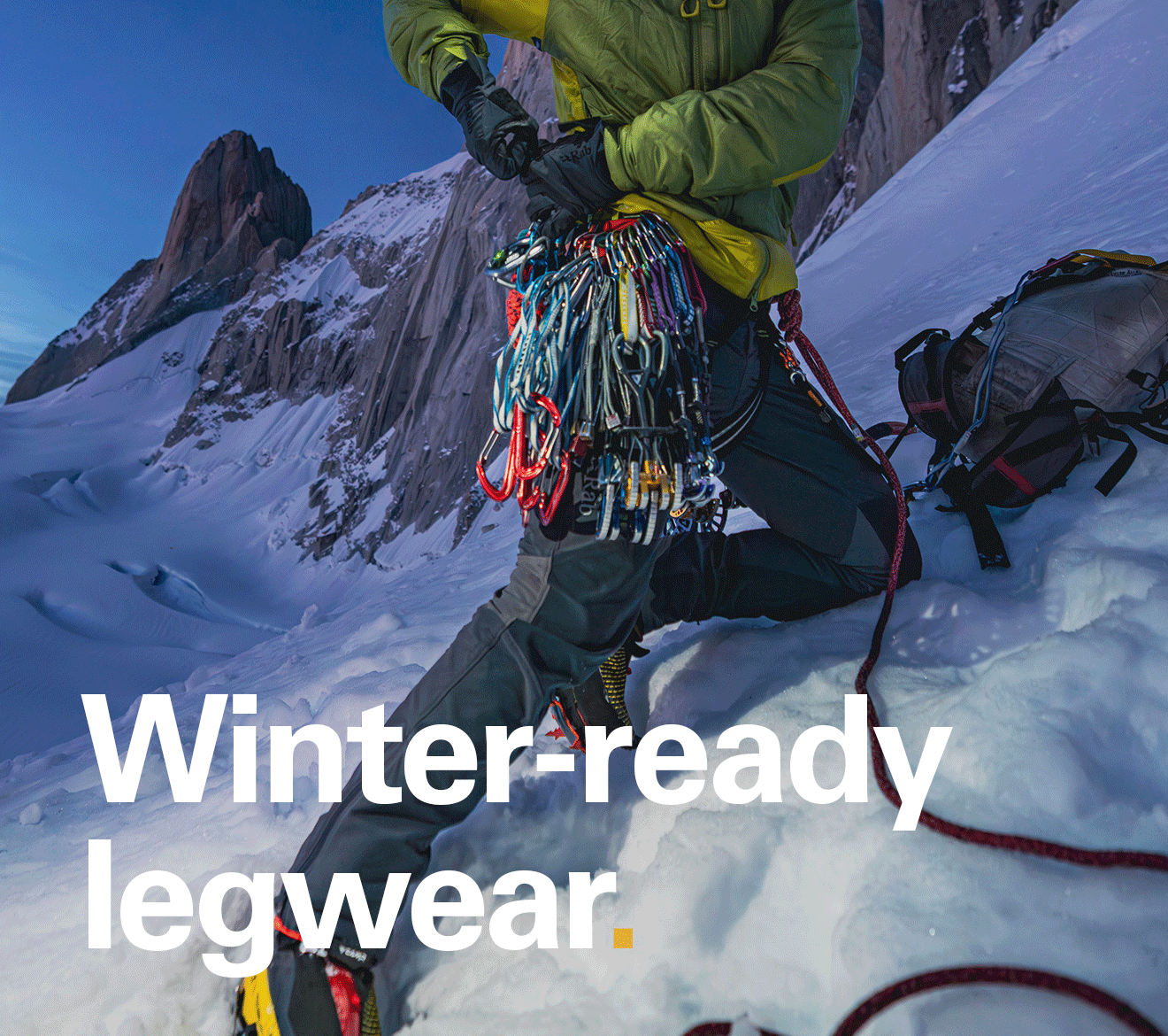 'Winter-ready legwear' text over an image of a climber in the mountains.