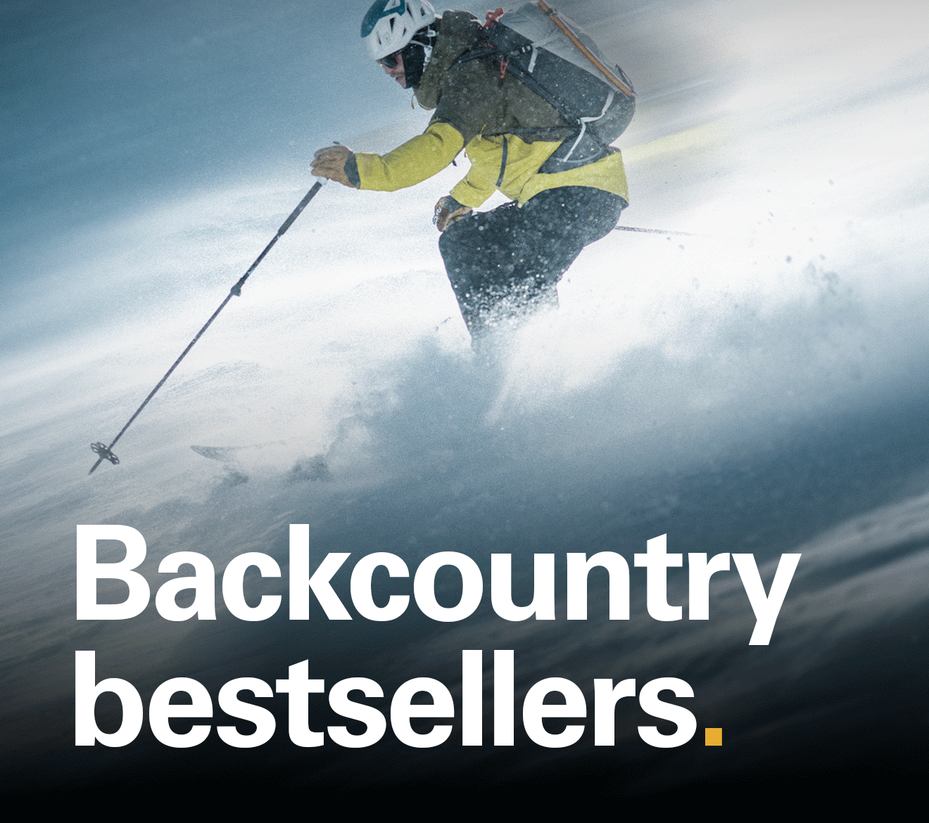 'Backcountry bestsellers' text over an image of a man skiing down a slope.