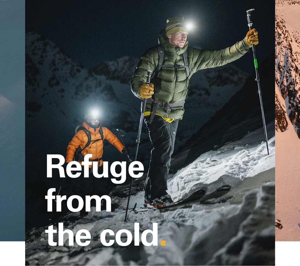 Slide show of a man and woman climbing up a snowy mountain - Refuge from the cold