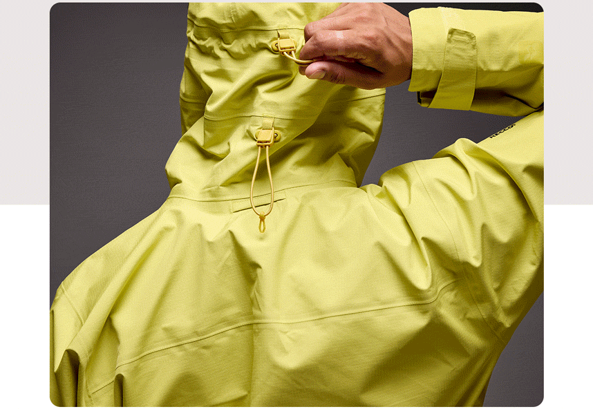 Image sequence of Latok Alpine jacket in pink and yellow showig various features.