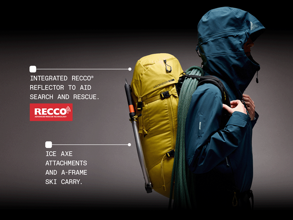 A picture of the Ascendor pack and some of the features of the packs, including: Integrated Recco, Ice Axe attachments and an A-Frame Ski carry.