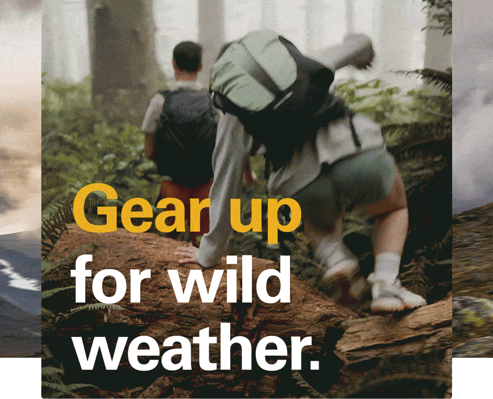 'Gear up for wild weather' Text over a short GIF showing a few clips from different people trail running in different weather.