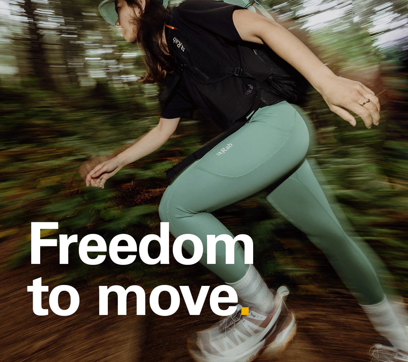 'Freedom to move.' Copy over the main over a women in leggings out running in the woods.