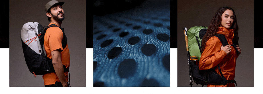 A set of images showing Rab backpacks in a range of uses, in different environments.