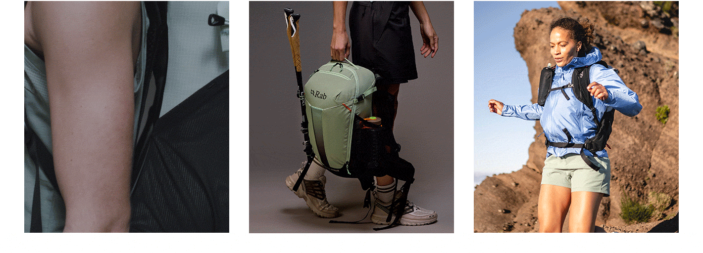 A set of images showing Rab backpacks in a range of uses, in different environments.