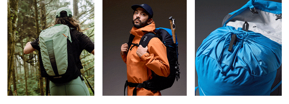 A set of images showing Rab backpacks in a range of uses, in different environments.