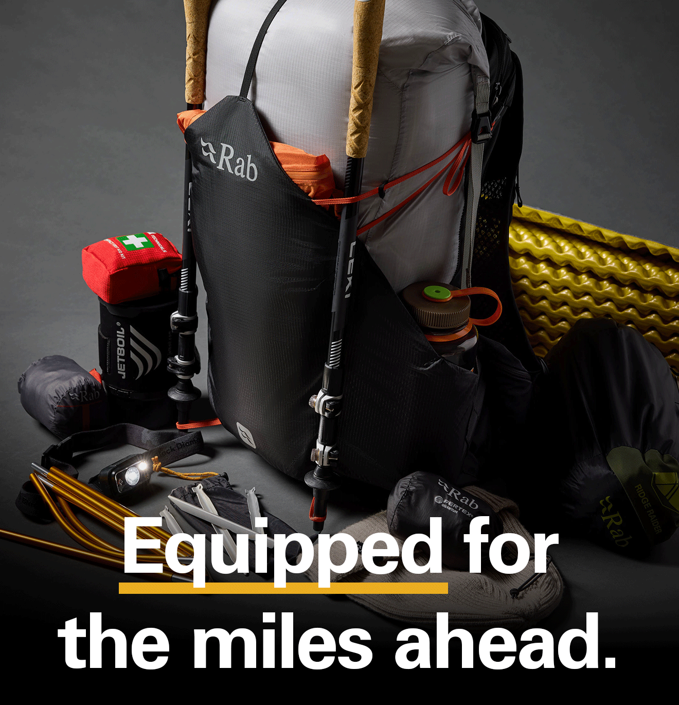 'Equipped for the miles ahead.' Text written over an image of a fully loaded backpack.