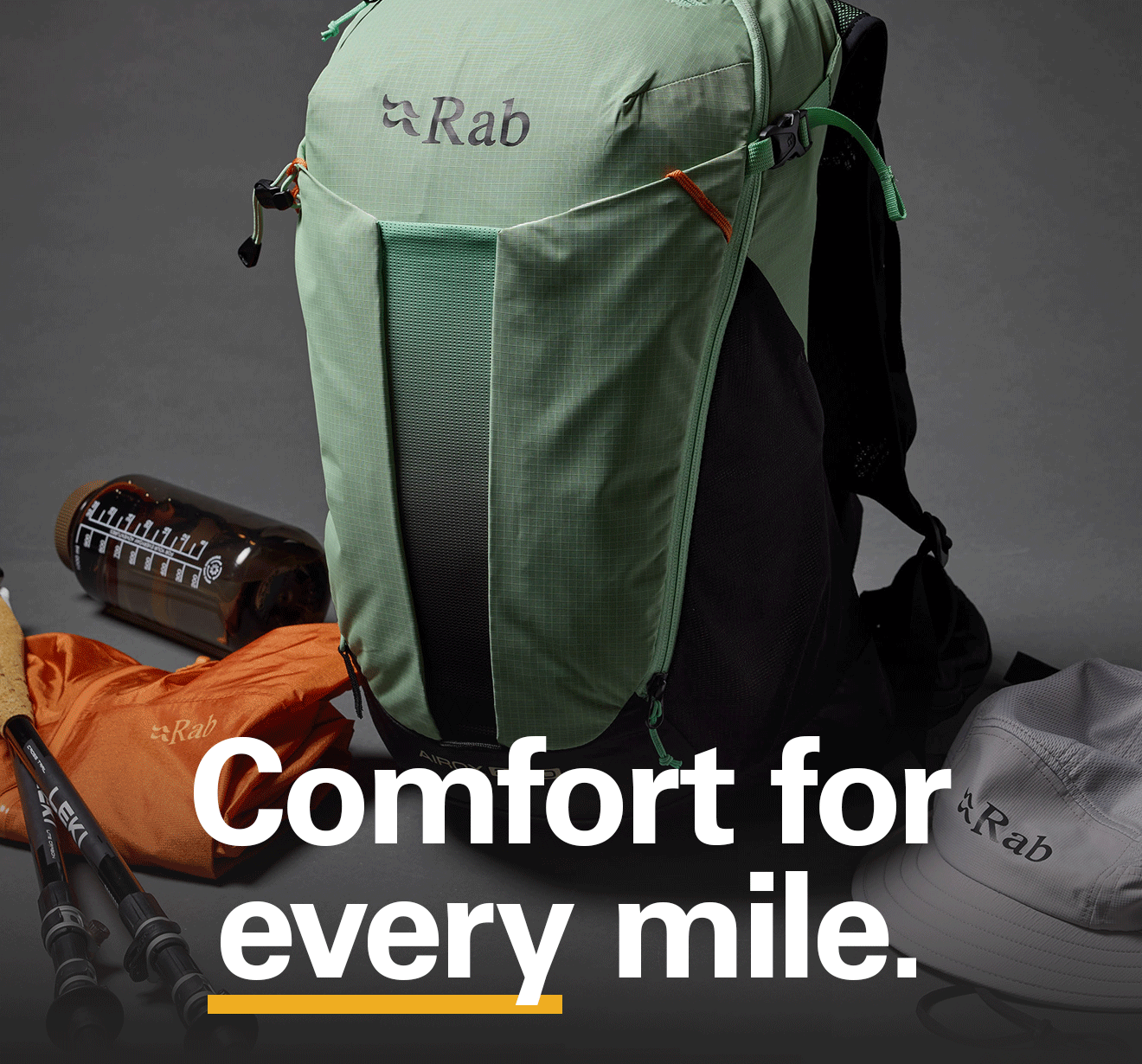 'Comfort for every mile.' Text over the image of an Airox pack with other accessories surrounding the full backpack.