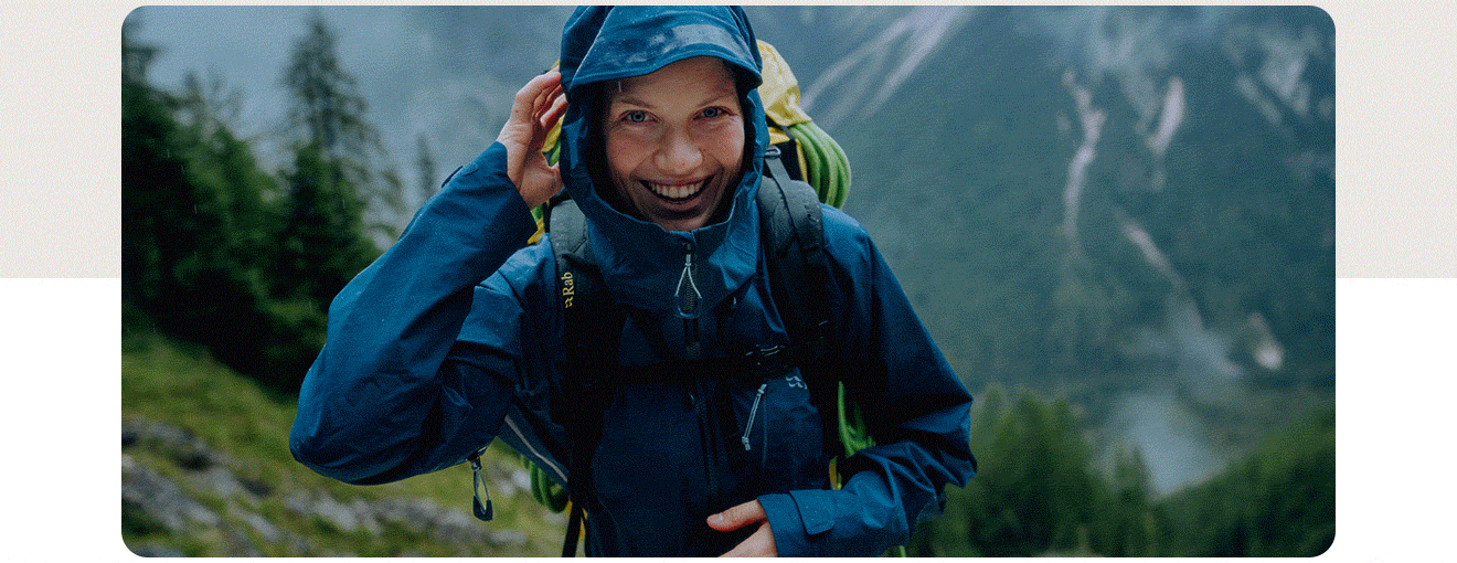Series of images showing people in different settings, all being active, wearing Rab waterproofs.