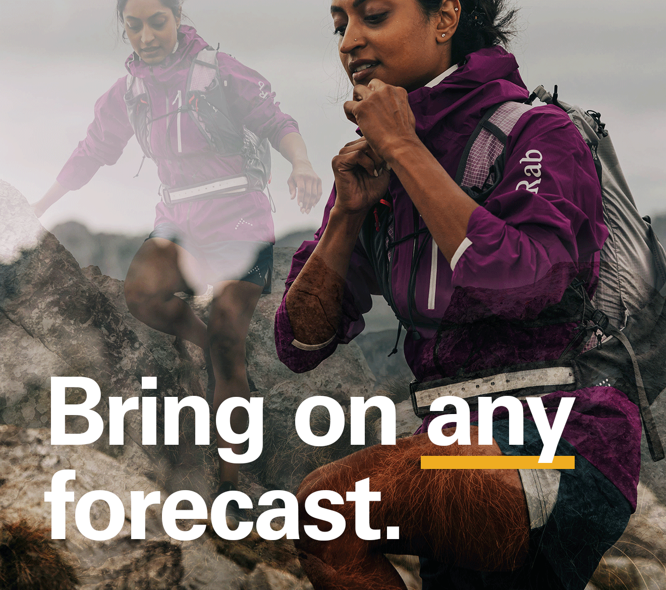 'Bring on any forecast' text over the image of a women out on a hike in the hills in the rain.