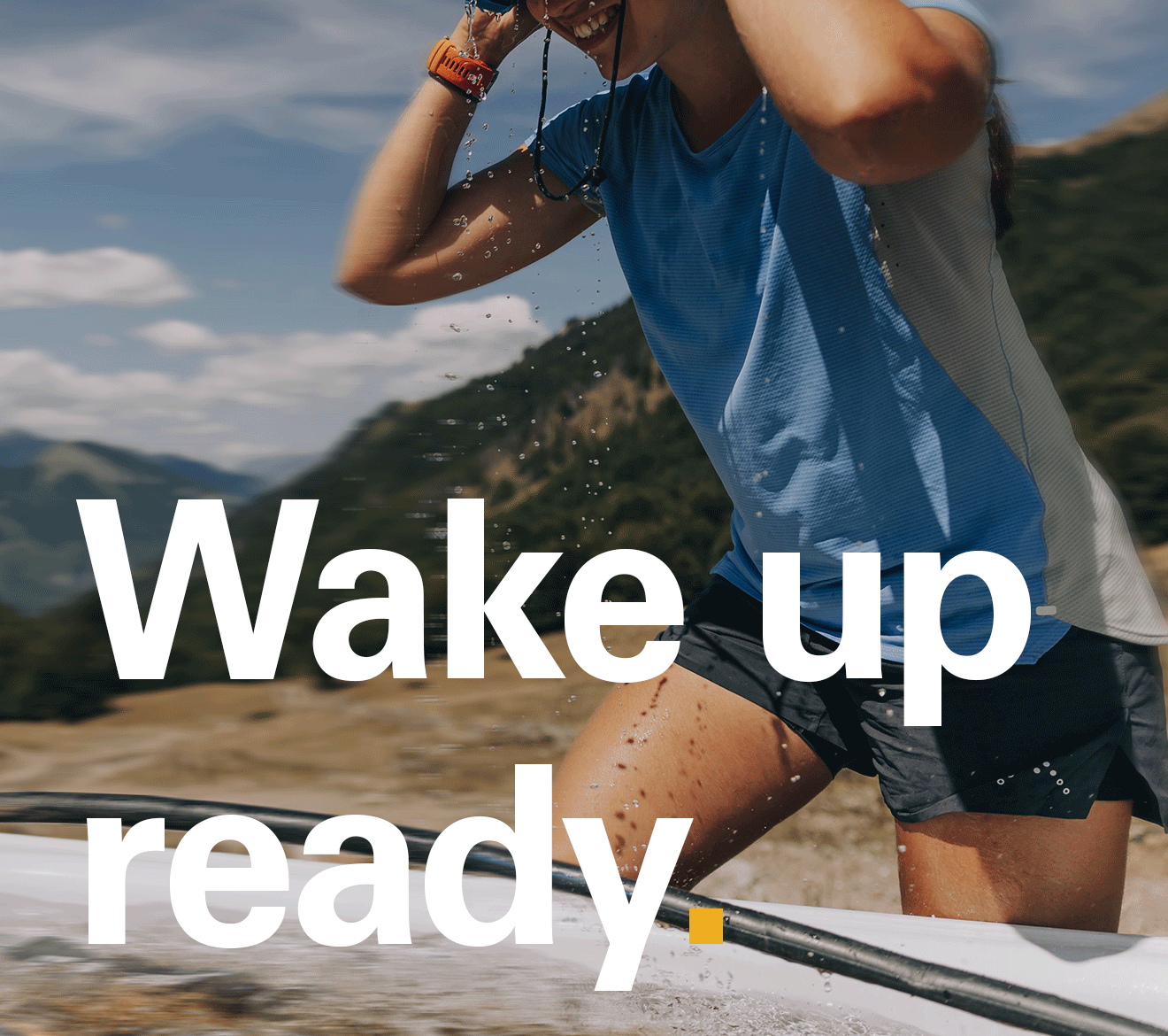 'Wake up ready.' Text written of the image of a women wearing Rab clothing out on a summer run.