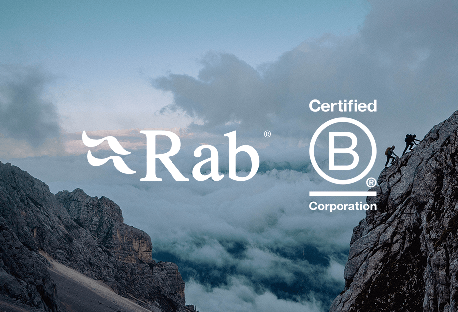 Rab and B Corp logos over an image of climbers on distant rocky cliff.