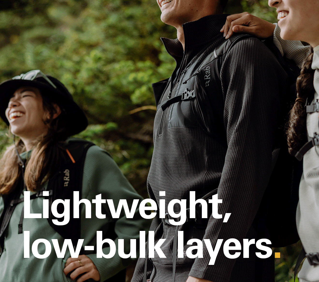 'Lightweight, low-bulk layers.' Text of the image of a group of people wearing Rab fleeces.