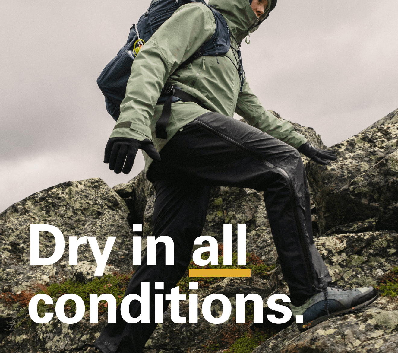 'Dry in all conditions' text over the image of a person walking up the hills in the rain wearing a Rab waterproof jacket.