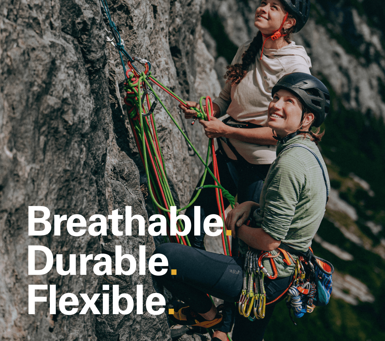 'Breathable. Durable. Flexible.' Text of the image of 2 women climbing wearing Rab