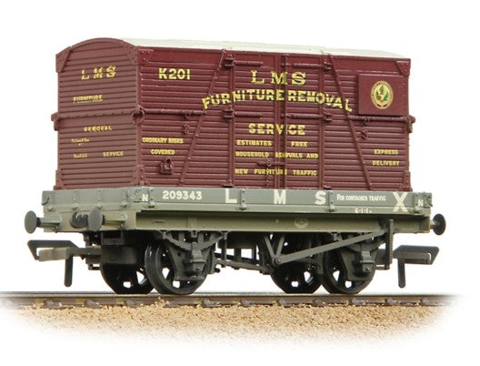 Image of 1 Plank Wagon LMS Grey 'Furniture Removal Service' (with Crimson Container) No.209343 - Weathered