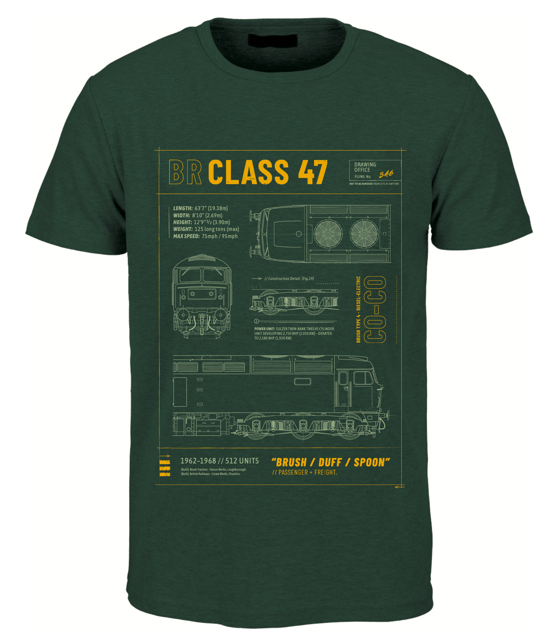 Image of JustThreads Class 47 Technical Drawing Blueprint Railway T Shirt (Green)