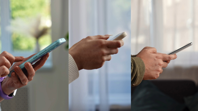 Three different panels with hands holding smartphones. 