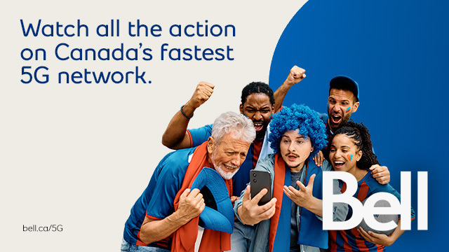 Group of five people huddled around a phone, cheering. Bell logo in the bottom right corner and the caption 'Watch all the action on Canada's fastest 5G network."