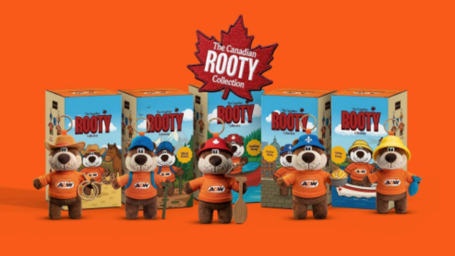 Orange background with all five RootBear plushy keychains shown. There is a red maple leaf that says the Canadian Rooty Collection..