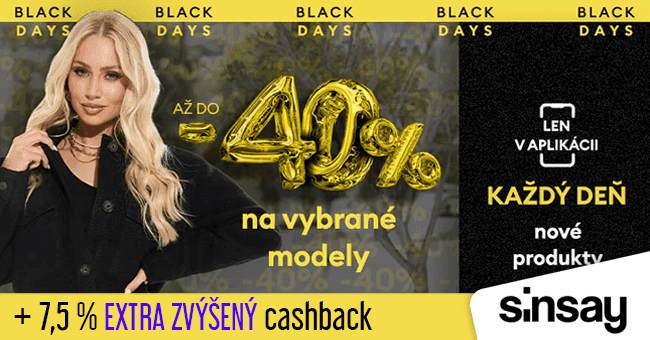 Sinsay.com -  extra cashback +	Black Days: Stovky produktov so zľavou až do 40 %