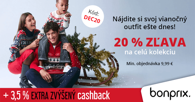 Bonprix.sk - extra cashback + Nájdite si svoj vianočný outfit: 20 % zľavový kód na všetko pri nákupe nad 9,99 €