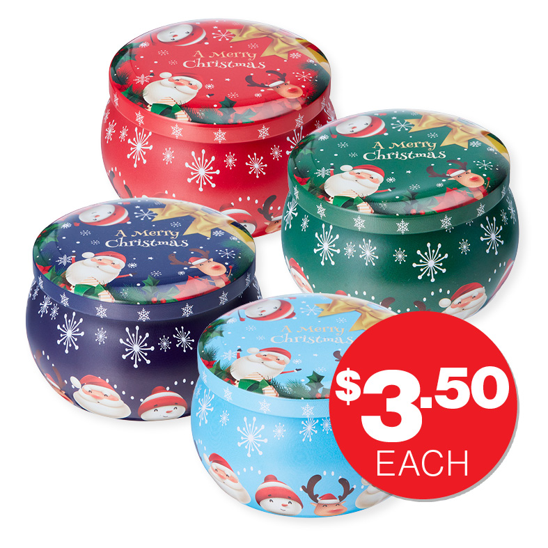 Christmas Printed Tin Candle Assorted $3.50