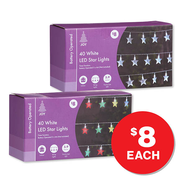 Christmas Battery-Operated Star Lights 40pk Assorted $8ea